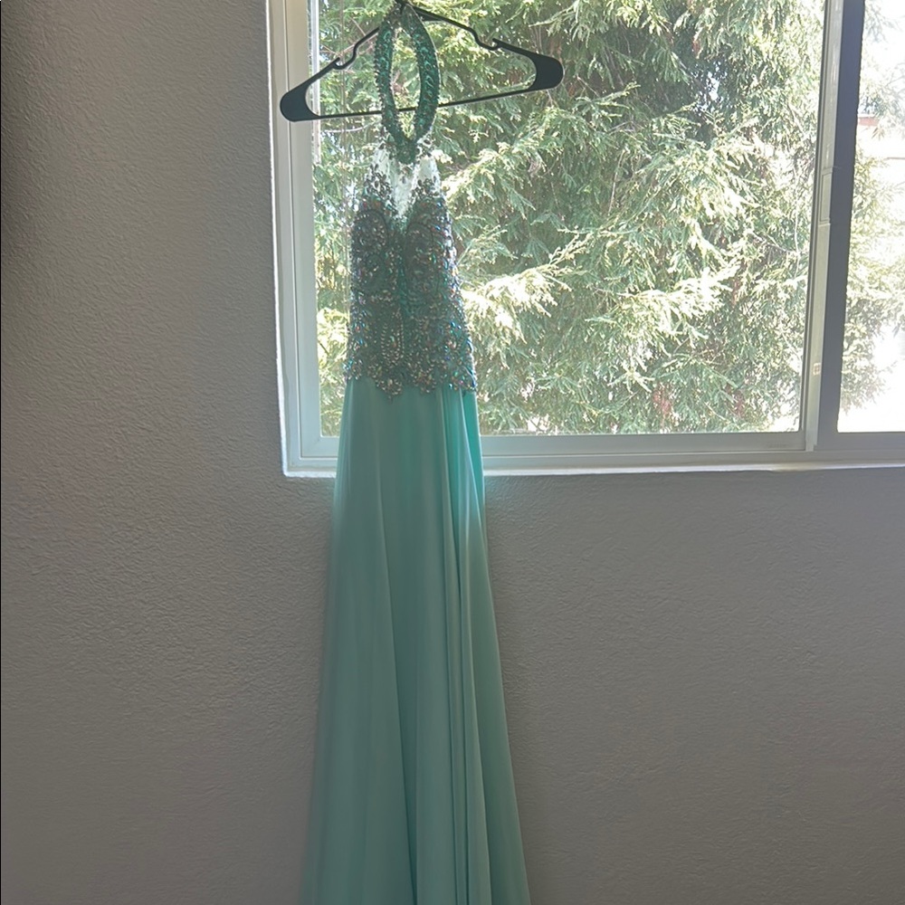 Elegant Aqua Halter Gown with Beaded Bodice